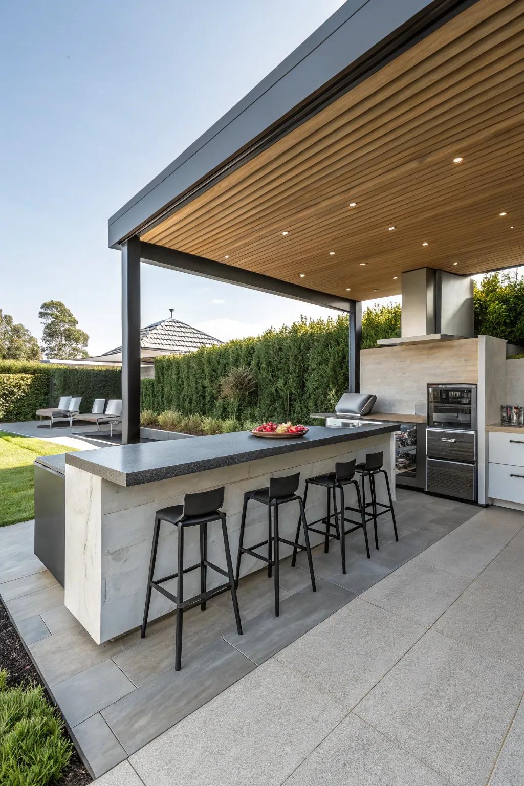 Integrated seating that invites socializing in a comfortable cooking area environment.