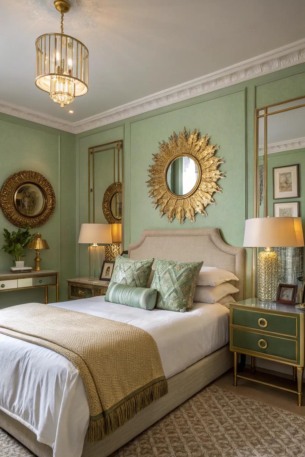 Avocado-toned and gold create a sophisticated and warm atmosphere.