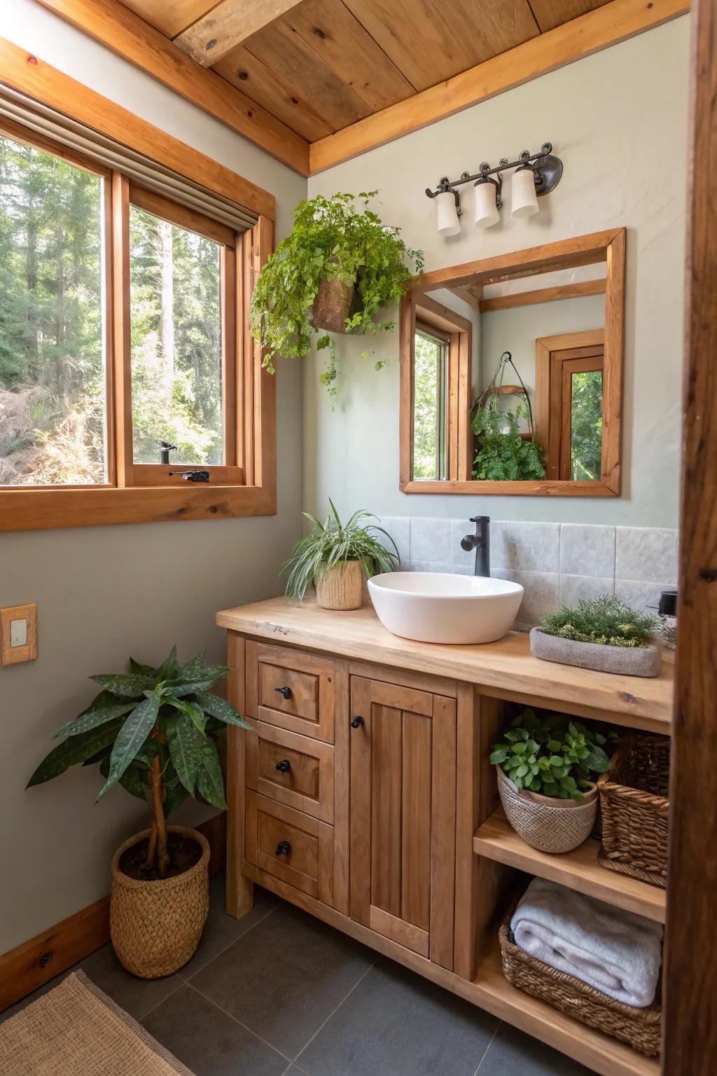 Natural features contribute warmth to this compact bathroom.