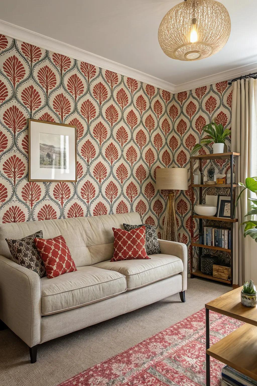 A small gathering spot featuring bold patterned wall covering.