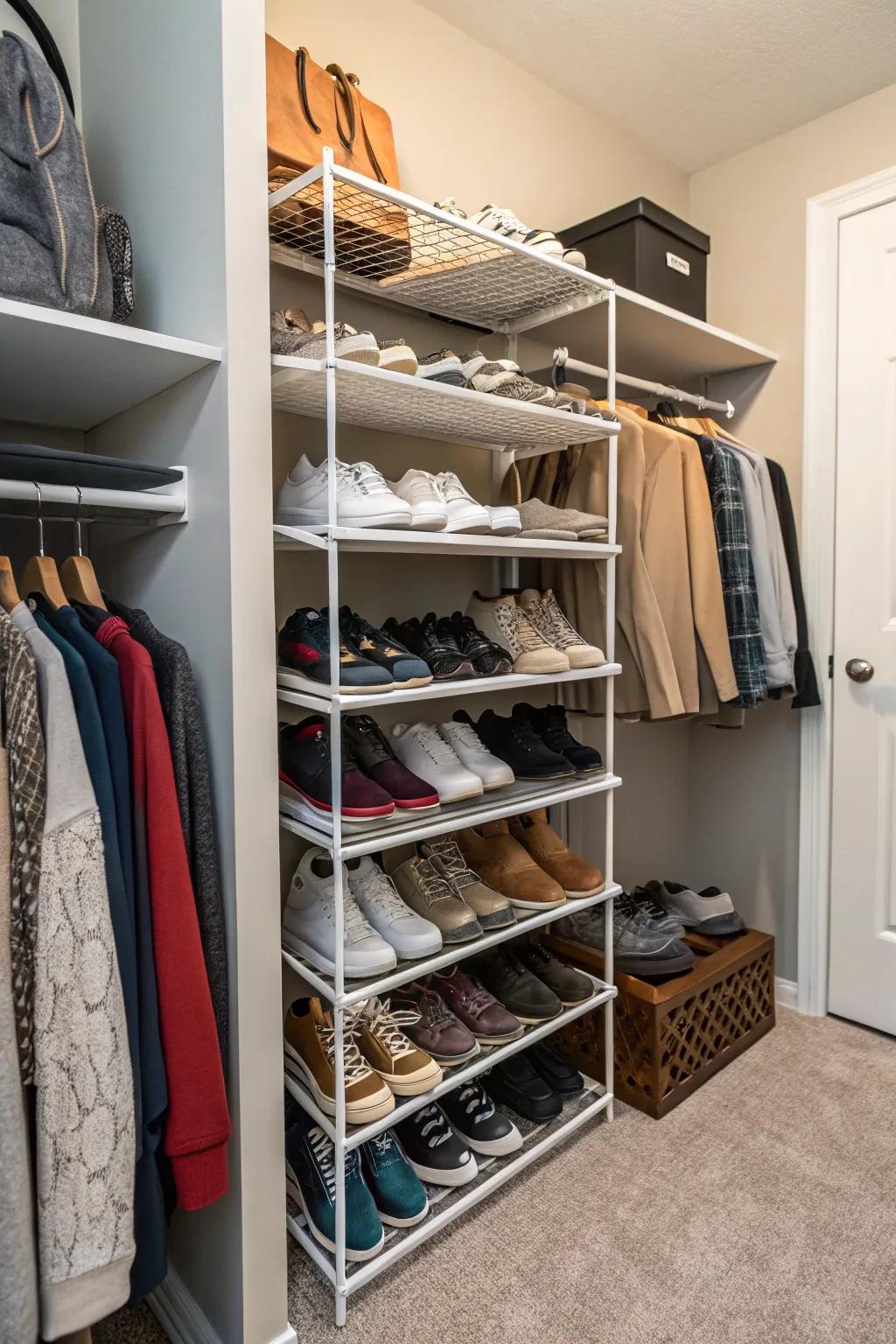 Multi-leveled racks optimize footwear stowage competently.