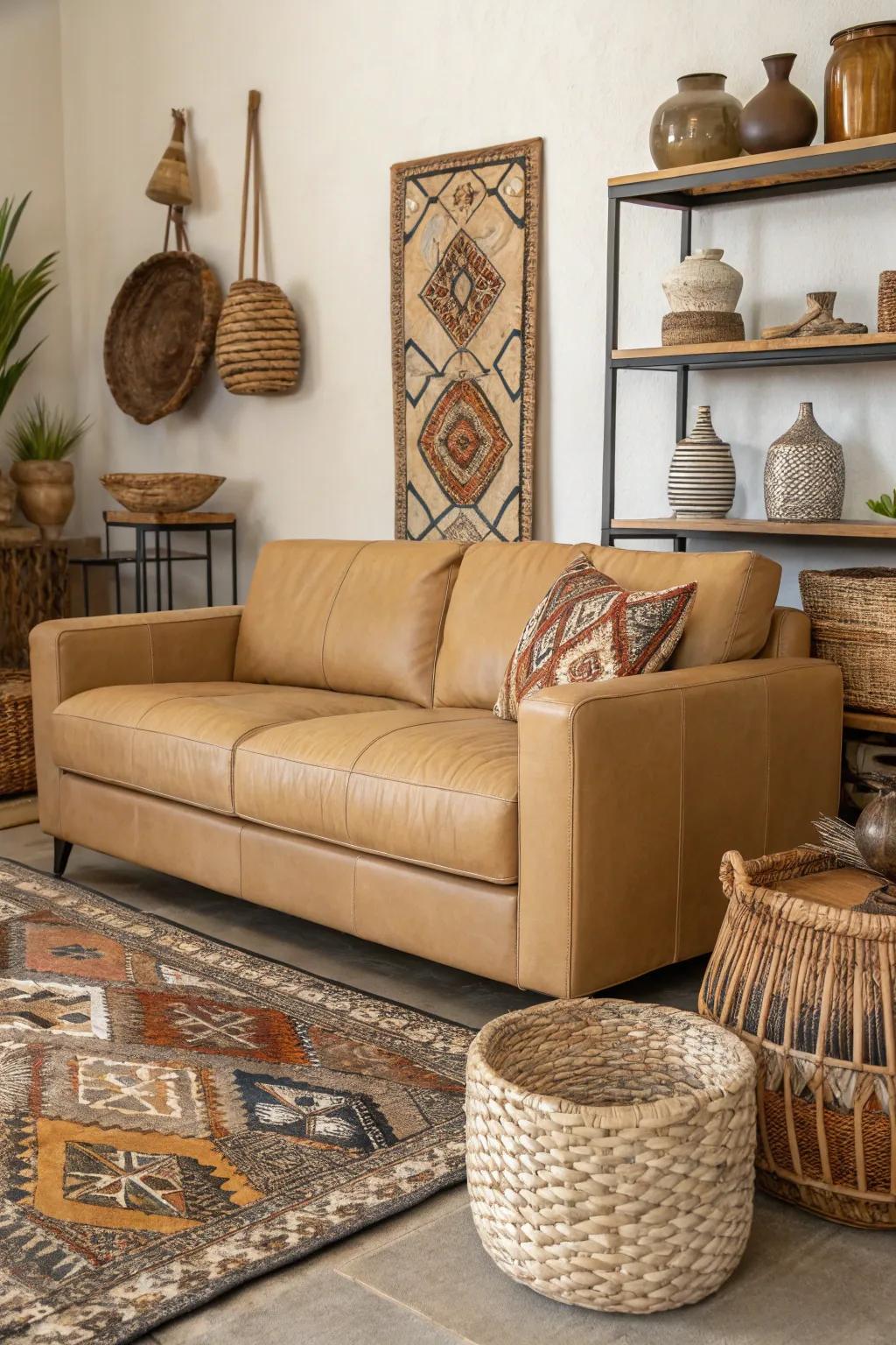 Distinctive decor pieces contribute a tailored touch to a lounge area.