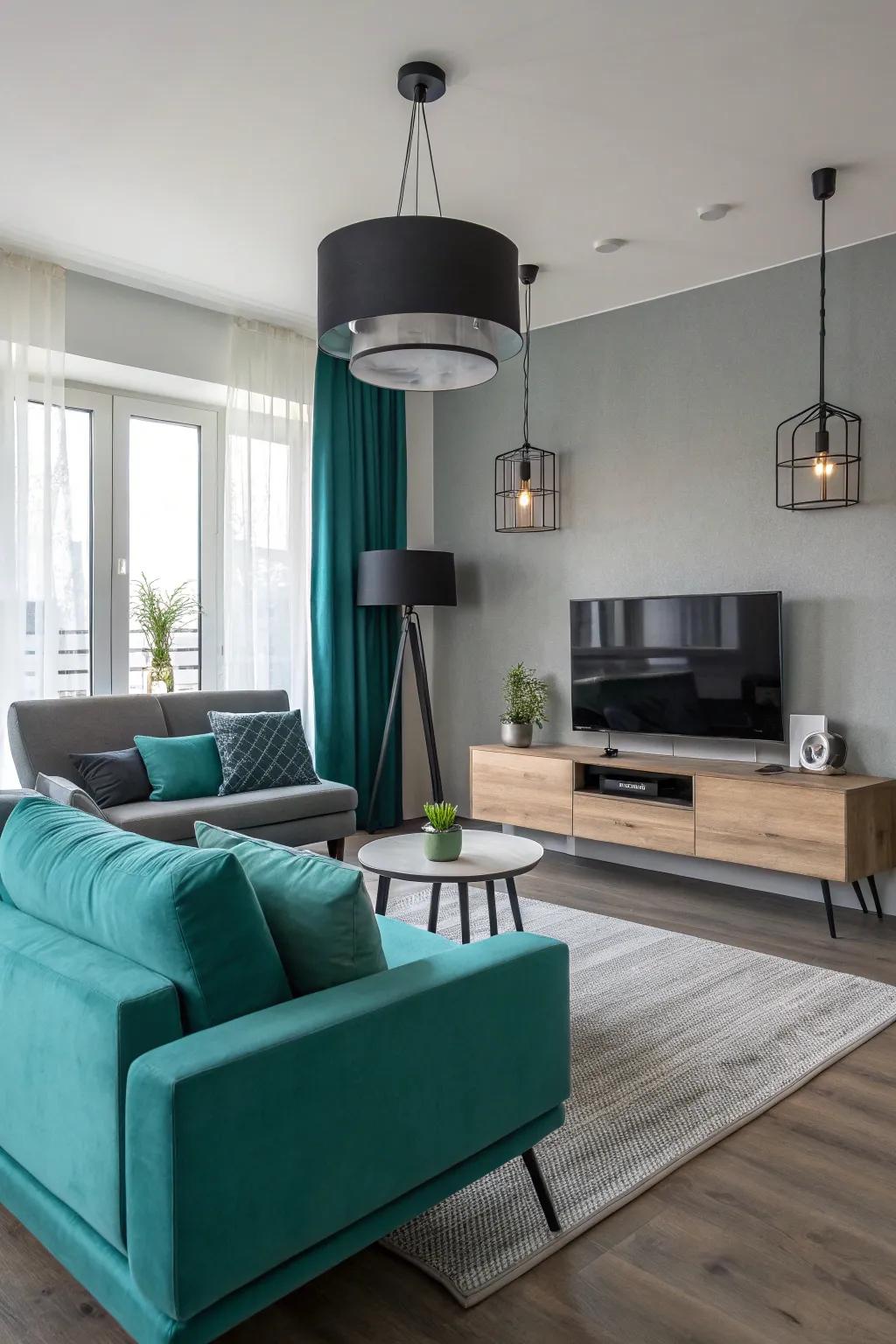 Aquamarine and burned ash create a sleek, sophisticated family room.
