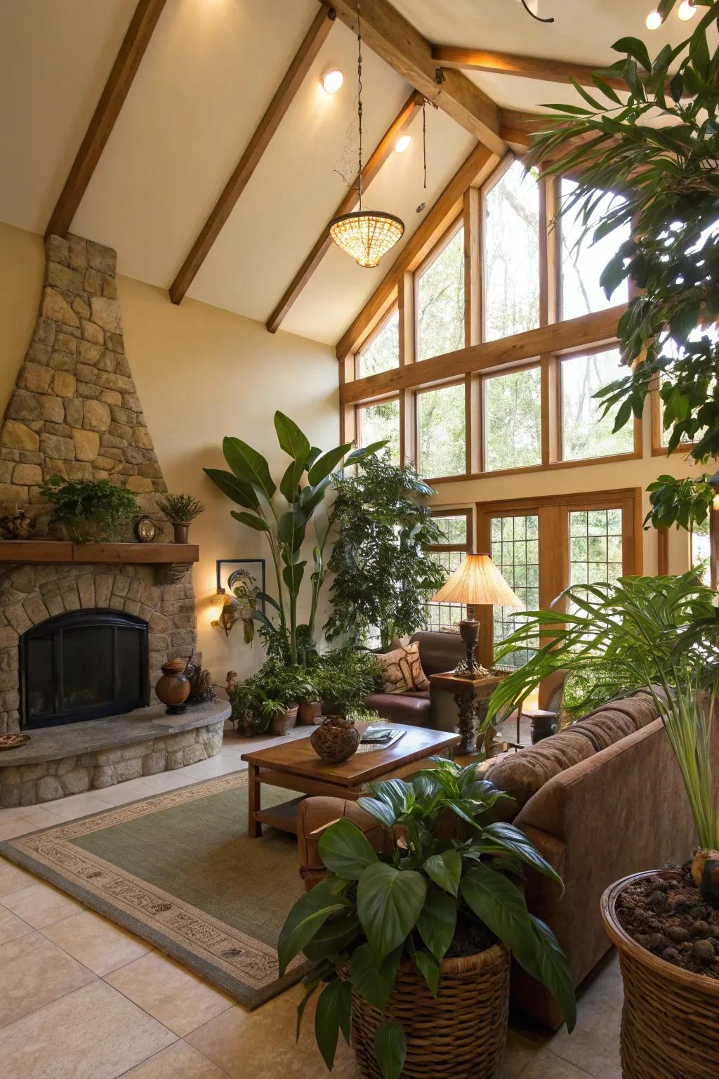 Natural elements like greenery bring warmth and vibrancy to this airy living room.