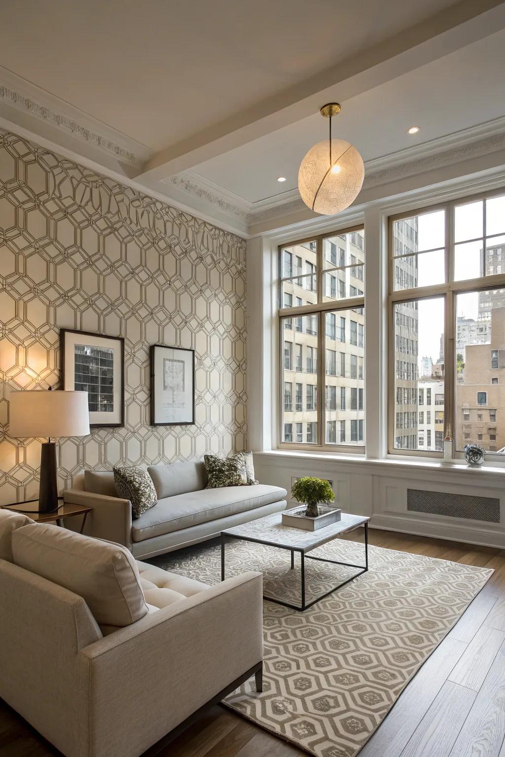 Chic city wallcovering in a modern apartment setting.