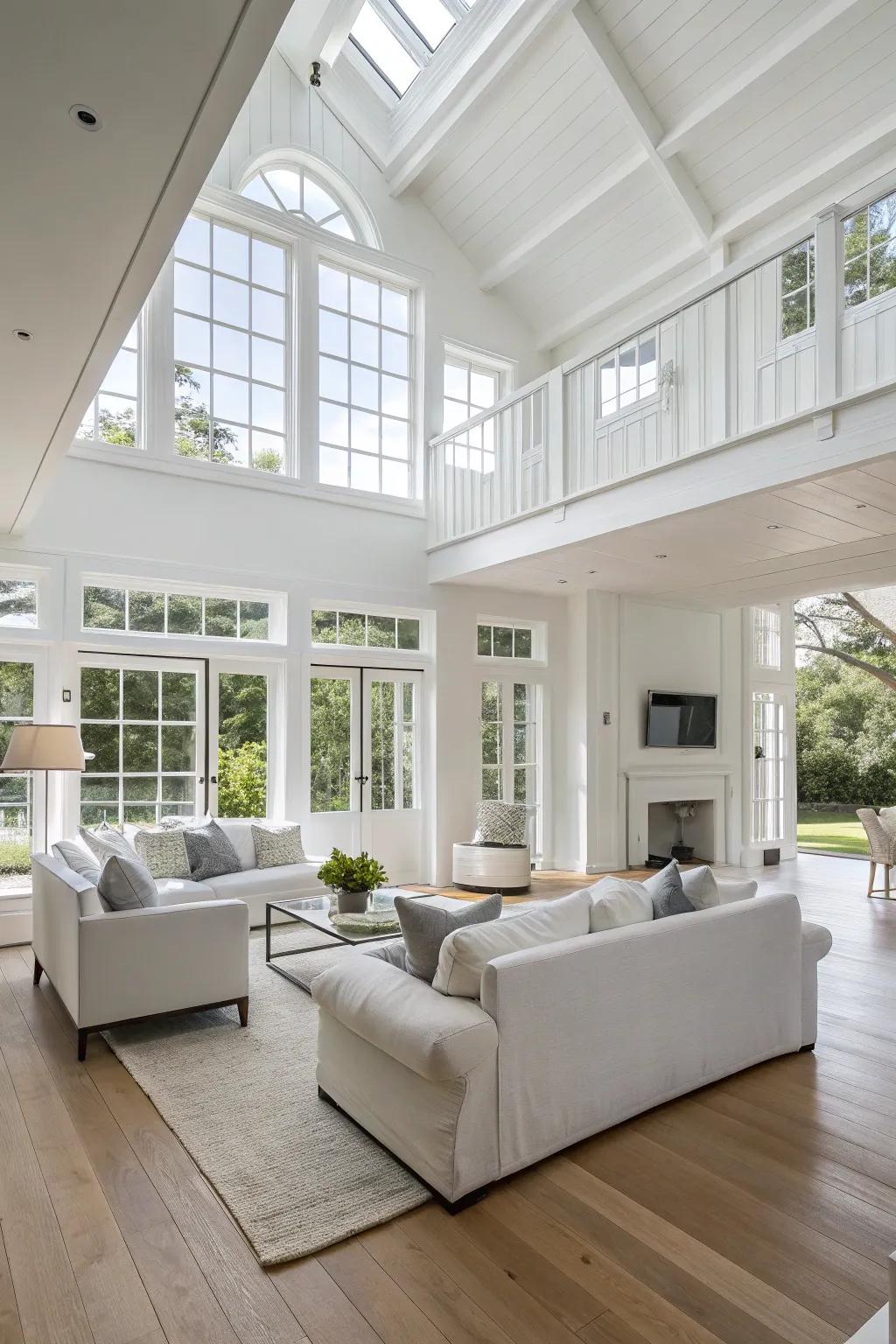 An unrestricted layout elevates circulation and spaciousness in a white lounge.