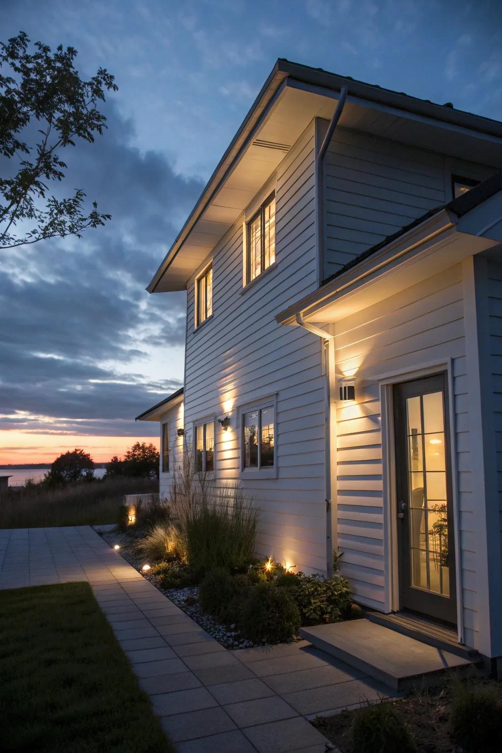 A white house wonderfully lit by modern lighting.