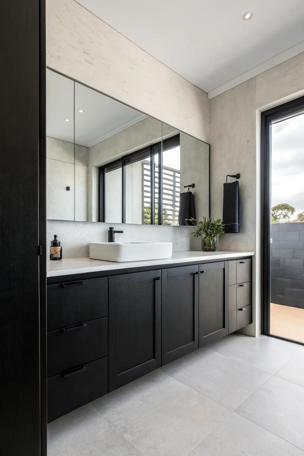 Understatement results in a sleek and uncluttered captivating bathroom.