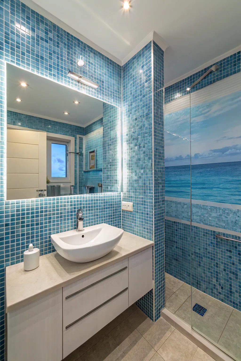 Evoke the serenity of the sea through soothing blue mosaic tiles.
