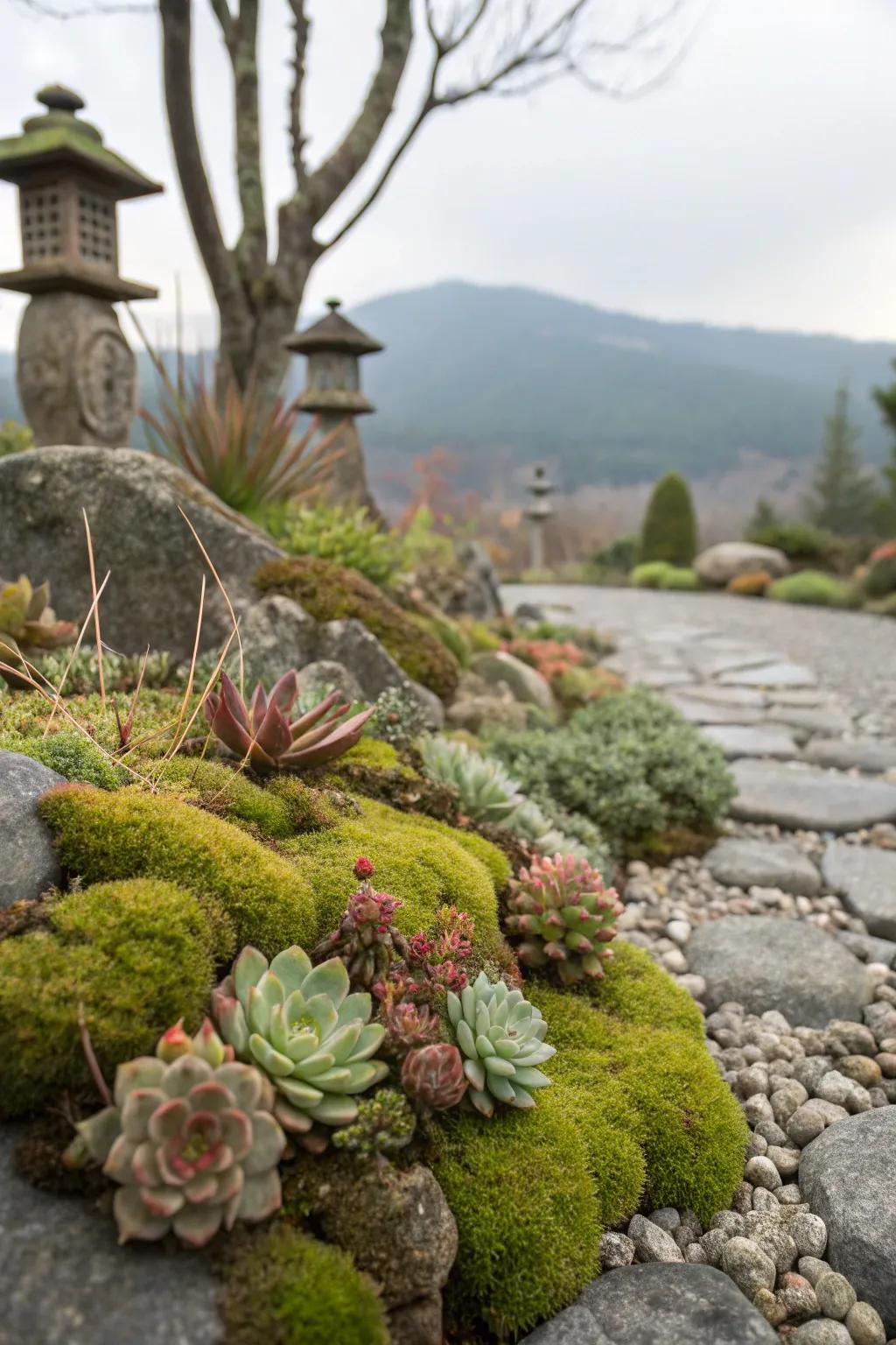 A vibrant stone garden featuring vibrant algae stones.