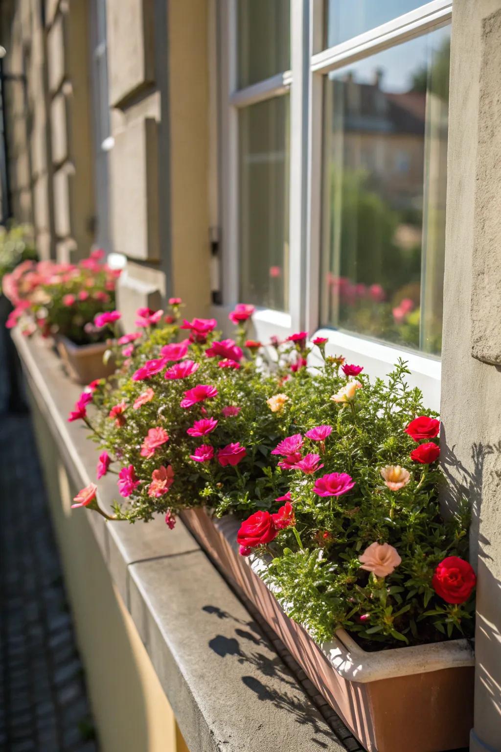 Sun roses bring color to window boxes, enhancing any facade.