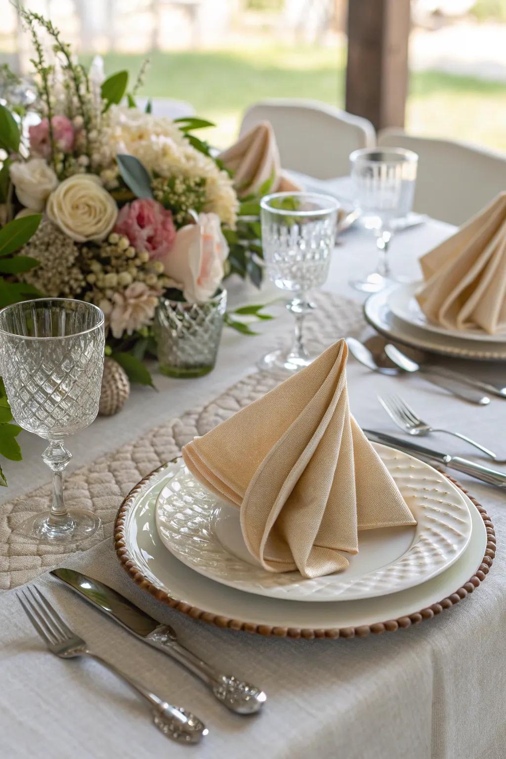 Creative napkin folds enhance table elegance.