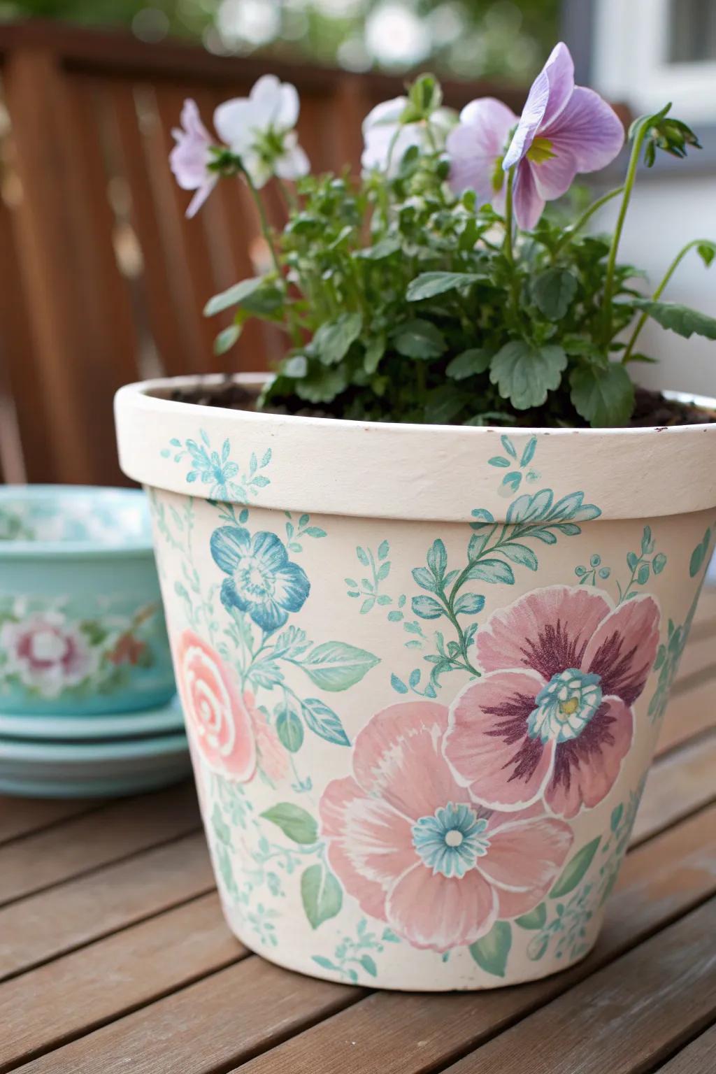 A flower pot showcasing a beautifully patterned composition.