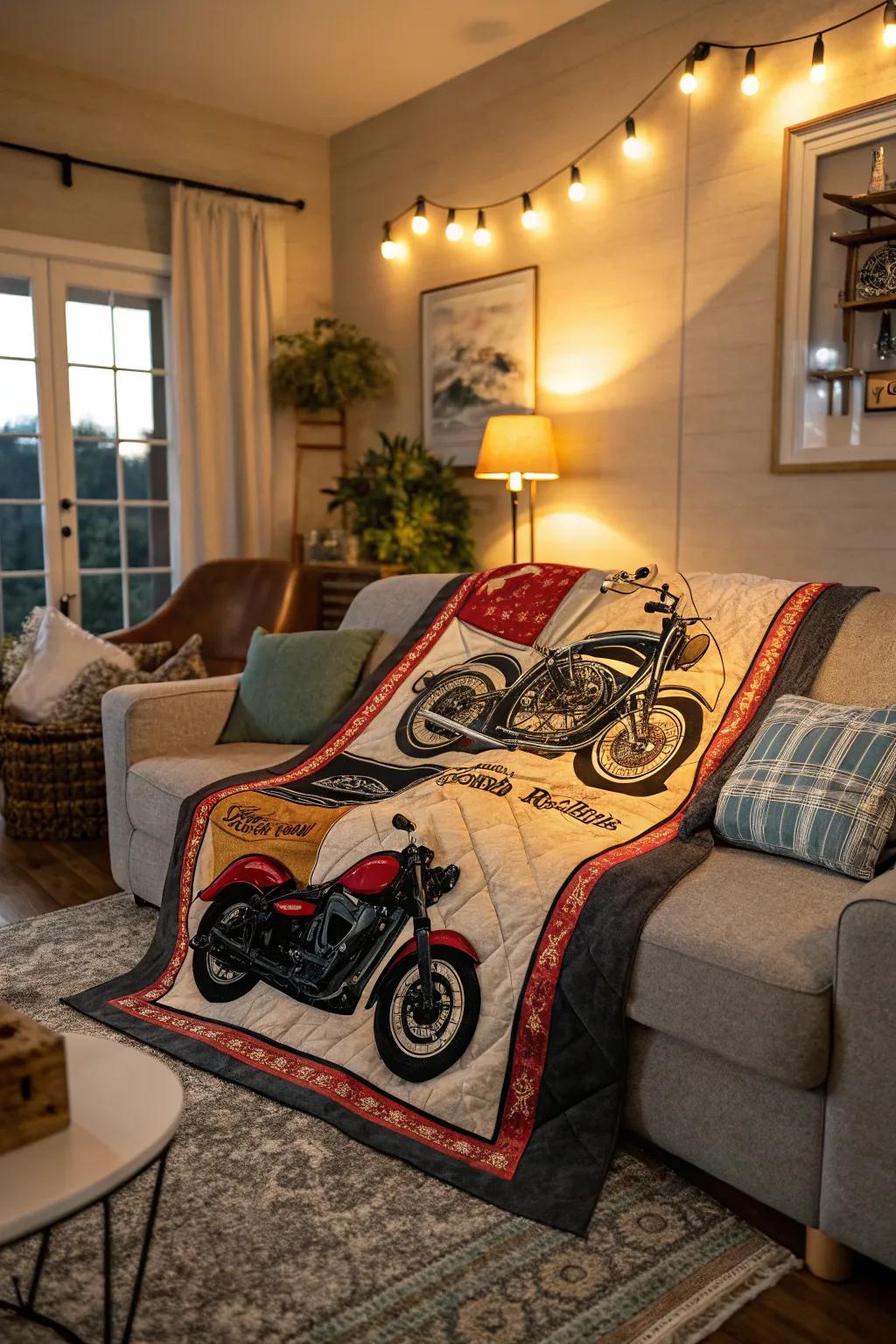 A comfortable quilt featuring moto patterns to create warmth.