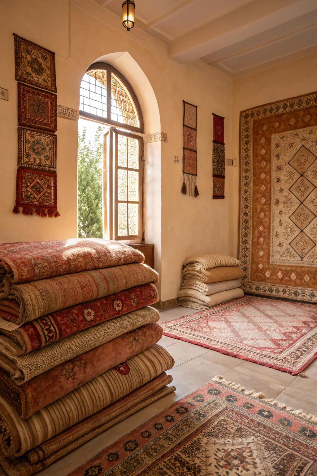 A snug room presenting layered ground rugs for added warmth.
