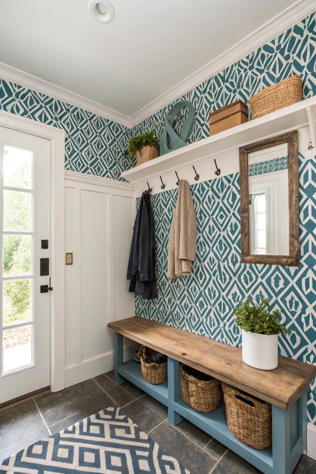 Entryway displaying striking patterned wall covering for enhanced visual intrigue and flair.