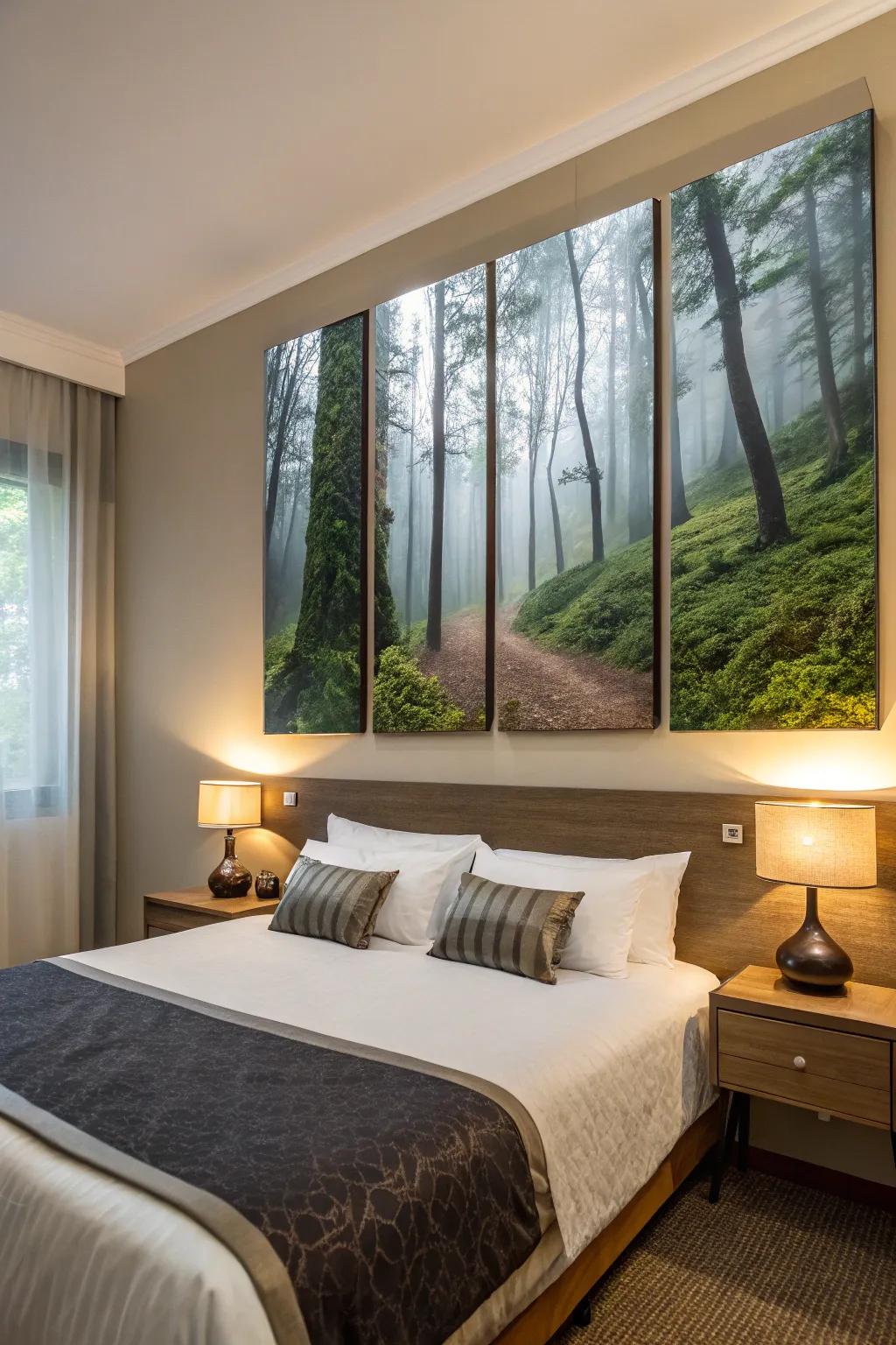 Dreamy forest scenes depicted across several canvases, igniting imagination in the guest suite.