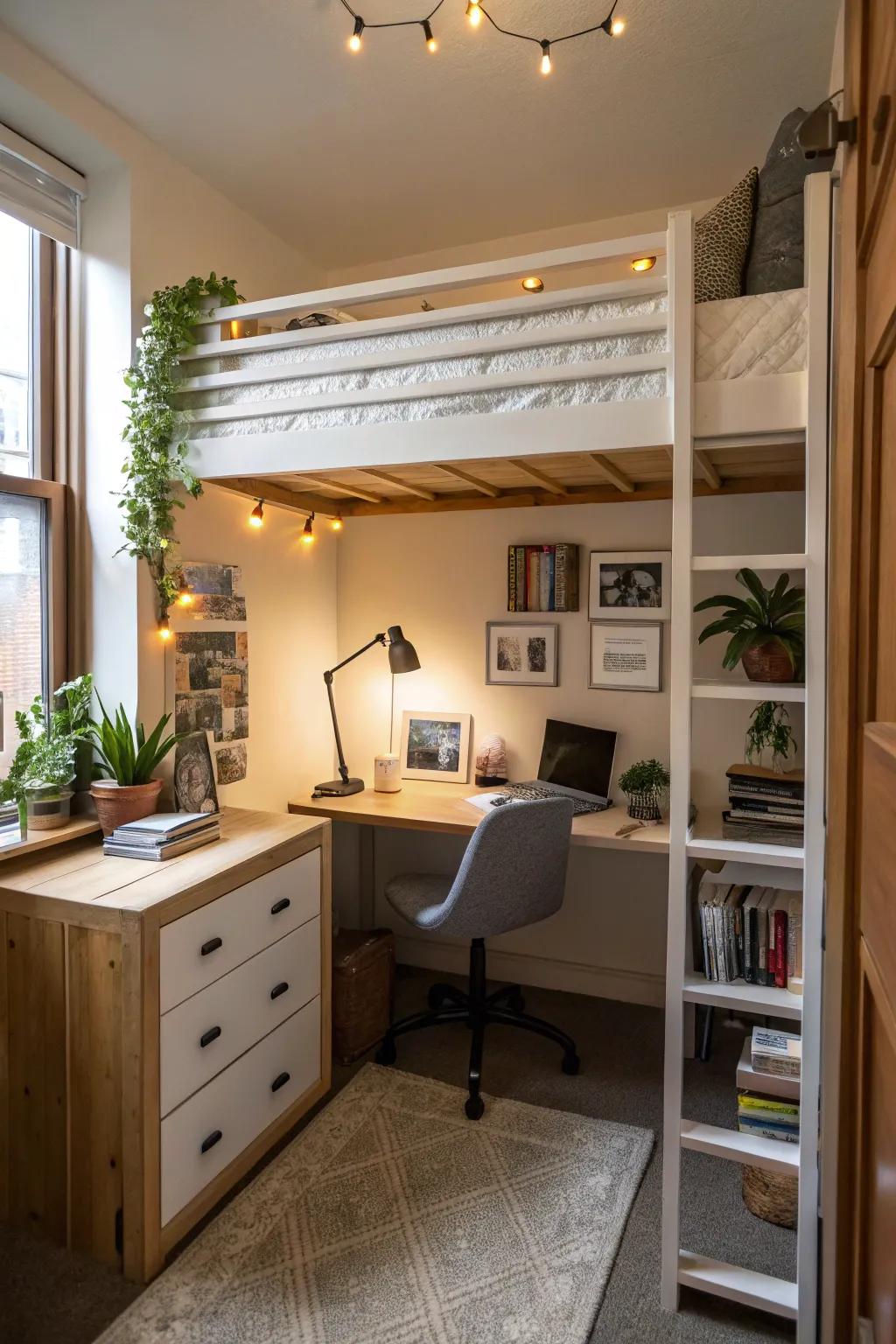 A high sleeper maximizes space with a functional area underneath in a constricted bedroom.