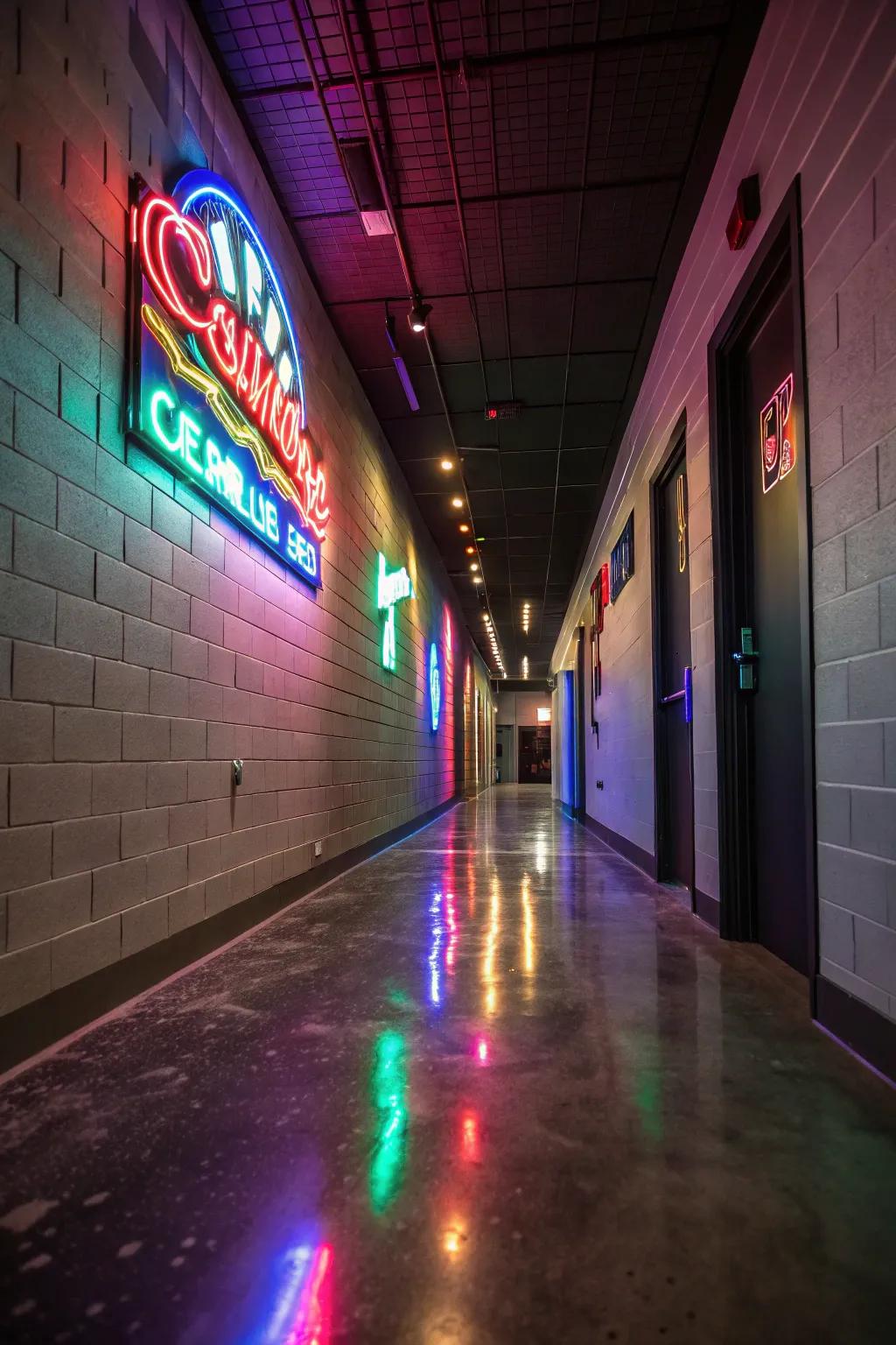 Neon lights add a unique persona to narrow hallways.
