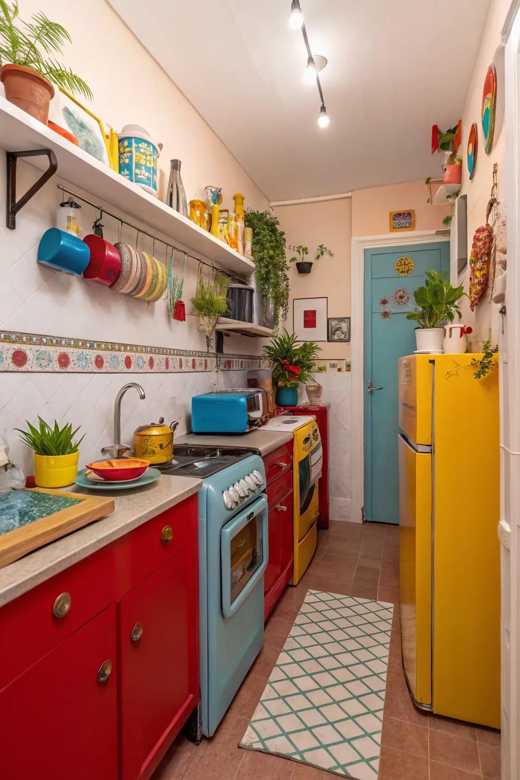 Flecks of hue incorporate persona to a narrow kitchen.
