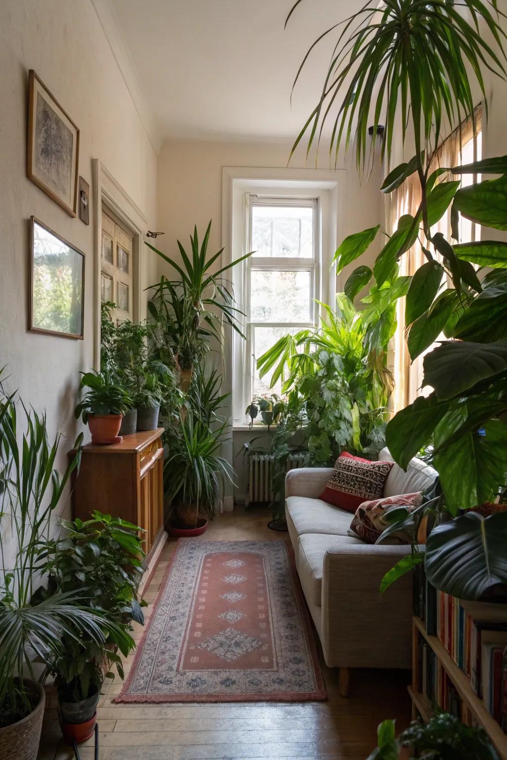 Towering indoor plants adding vitality to a slender living area.