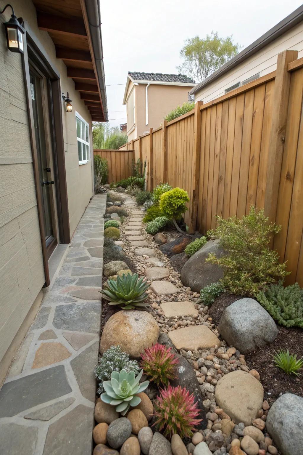 A stone garden adds serenity and surface.