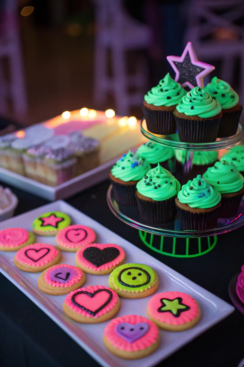 Glow-in-the-dark cupcakes and cookies on a neon-inspired dessert table, delighting party guests.