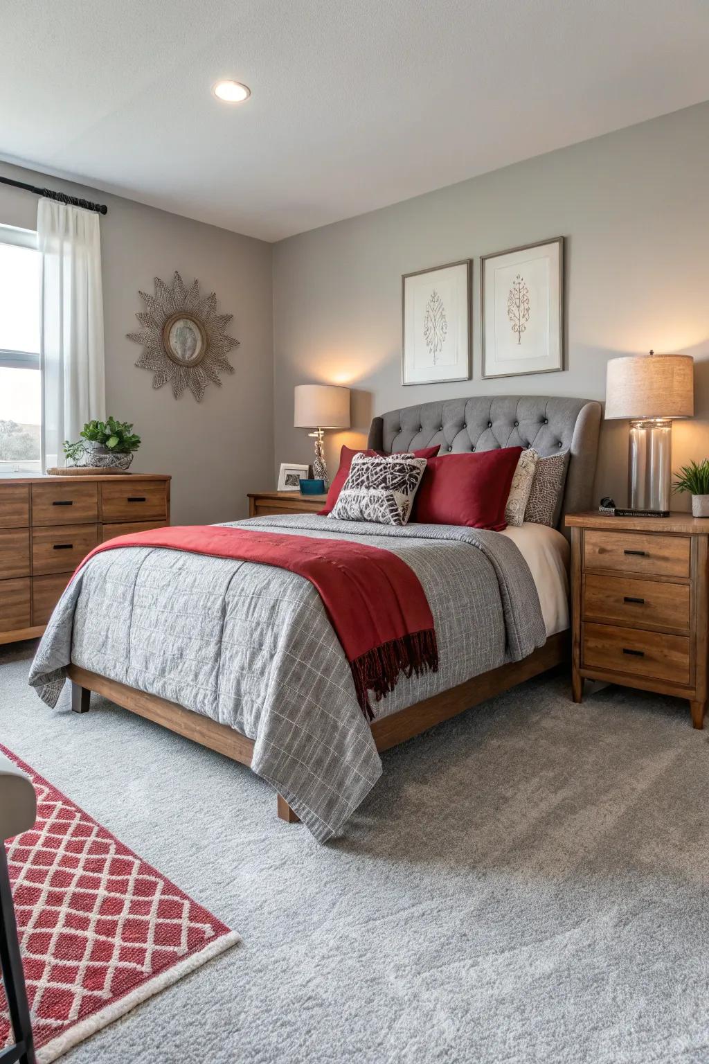 Light stone colored carpets provide a versatile base for varied decoration.