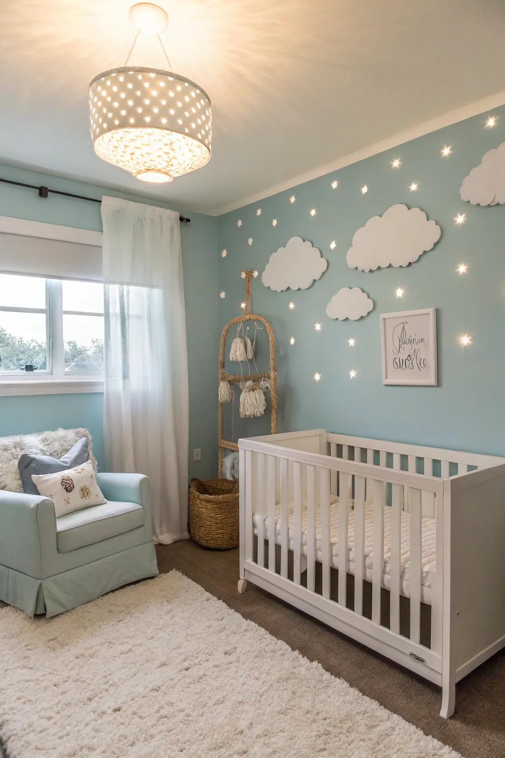 A nursery featuring soothing overcast sky blue tones.