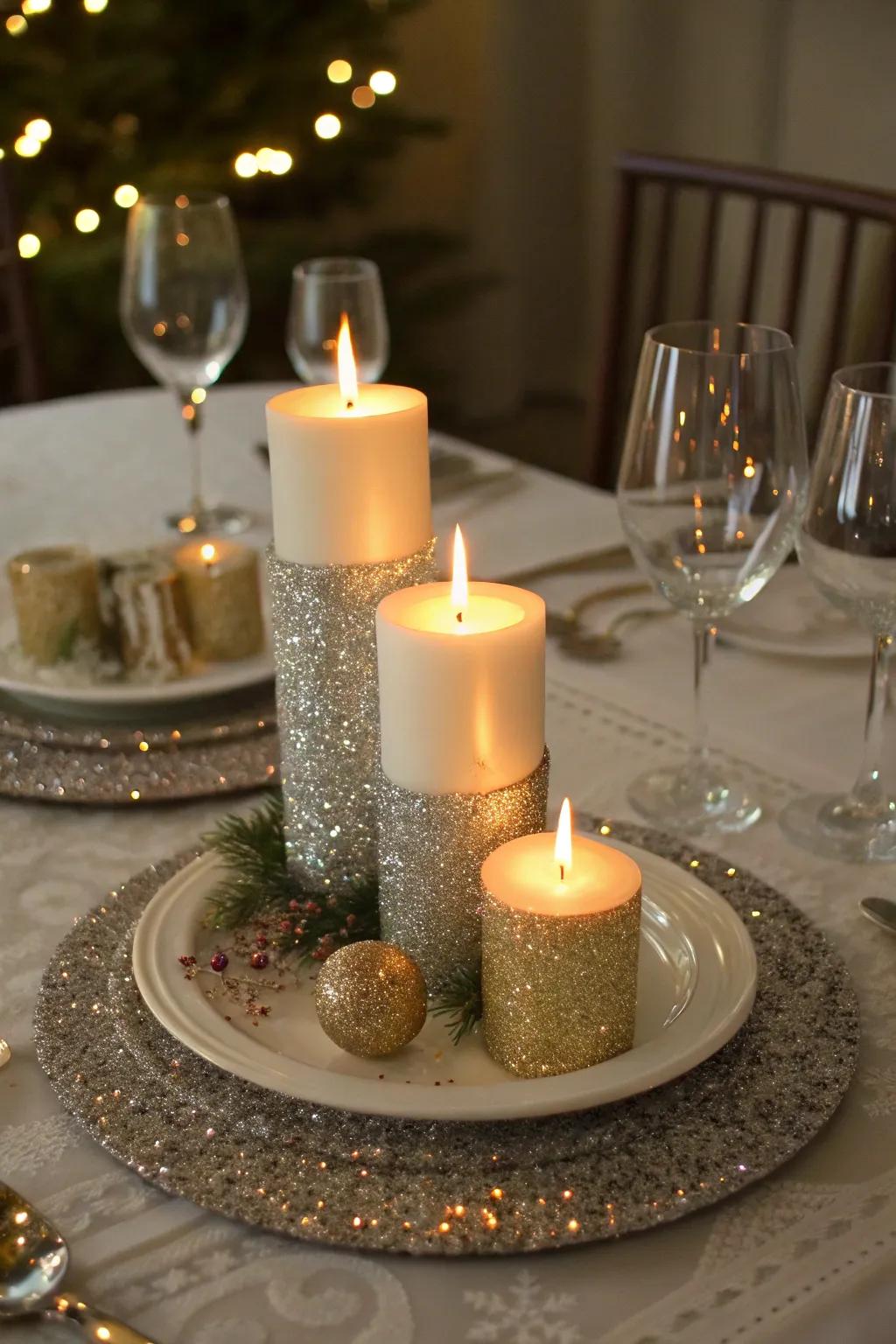 Shimmering centerpieces create a welcoming and elegant dining atmosphere.