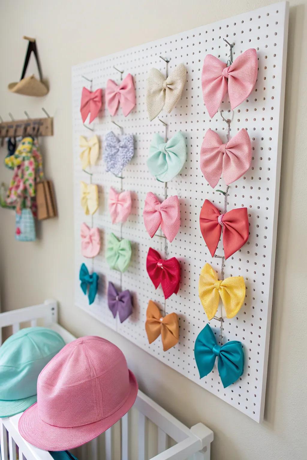 A pegboard in the nursery for organizing accessories.