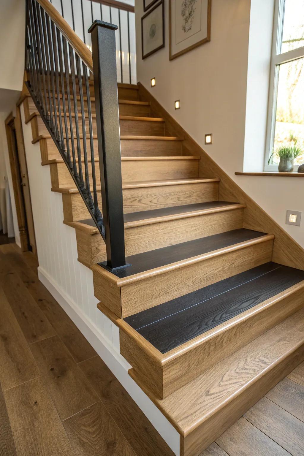 A standout feature step in a beautifully crafted maple staircase.