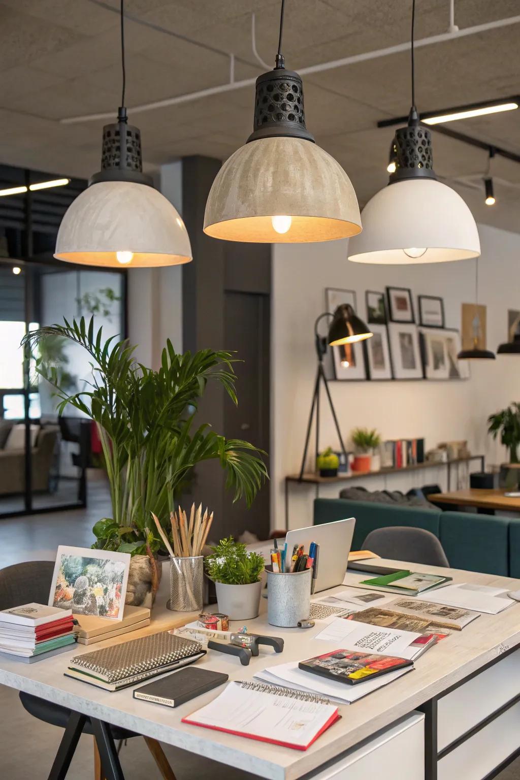 Add intrigue to your office with creative statement lighting.