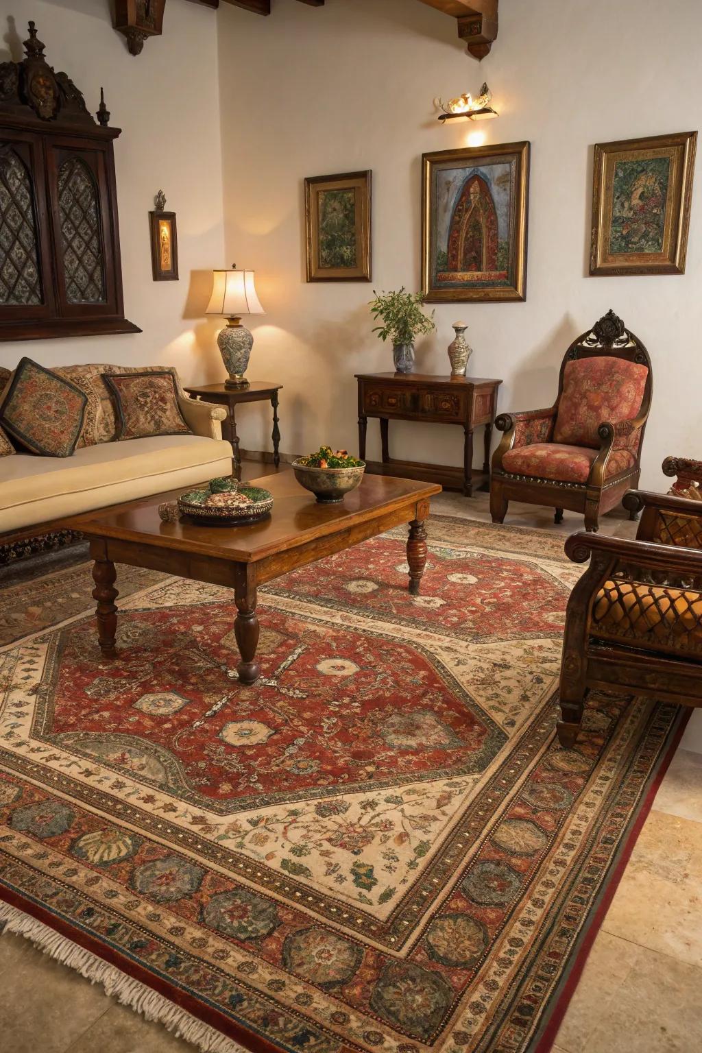 Antique rugs anchor rooms with historic patterns.