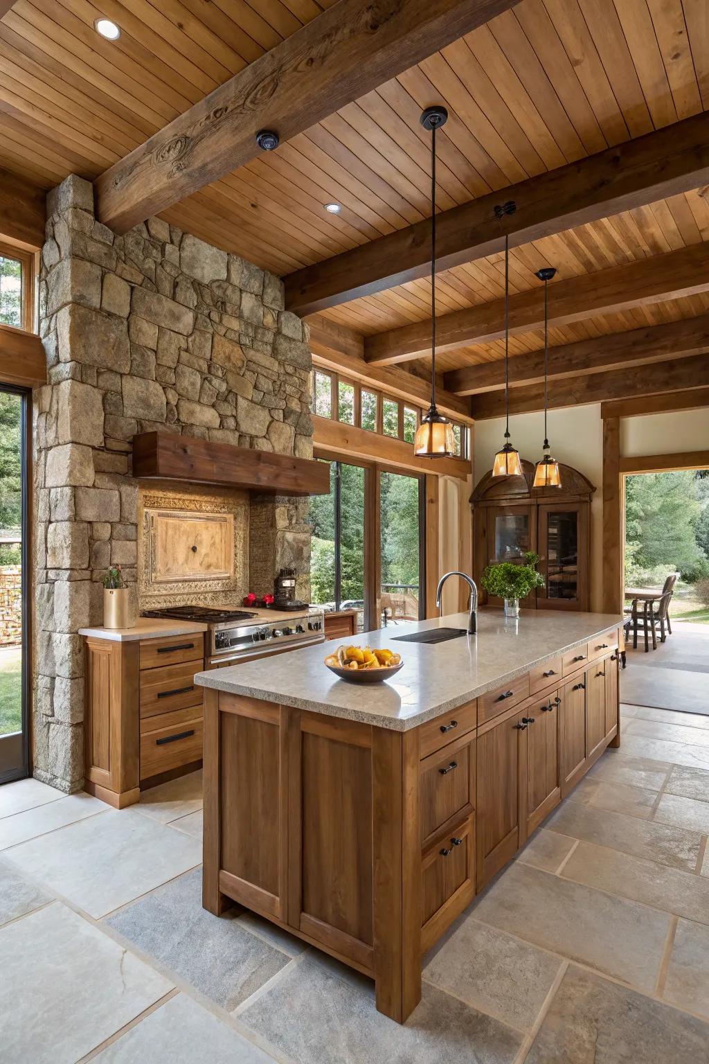 Earthy materials add warmth and texture to the kitchen's design.