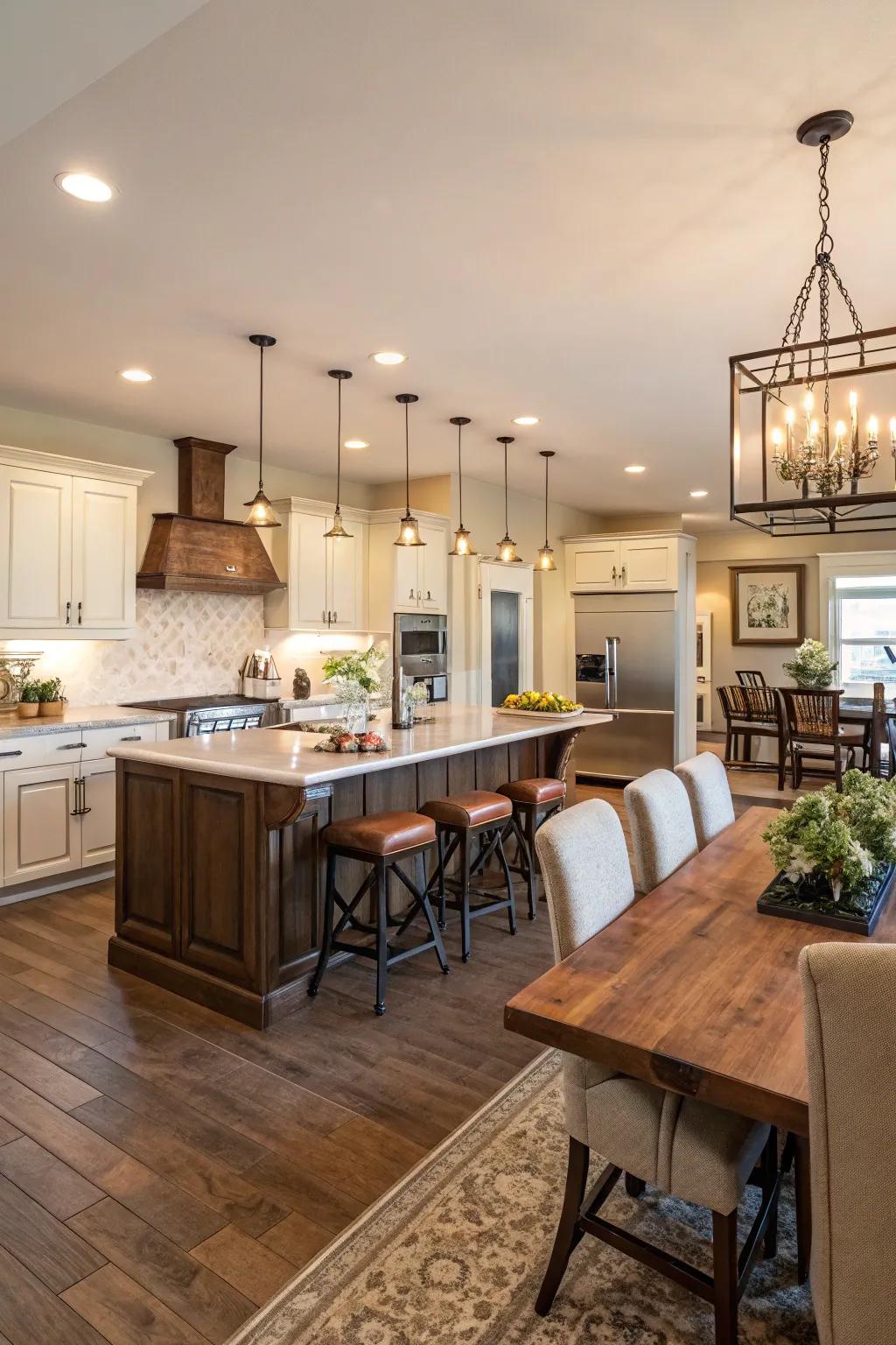 A flowing design connects the cooking space with dining and living zones.