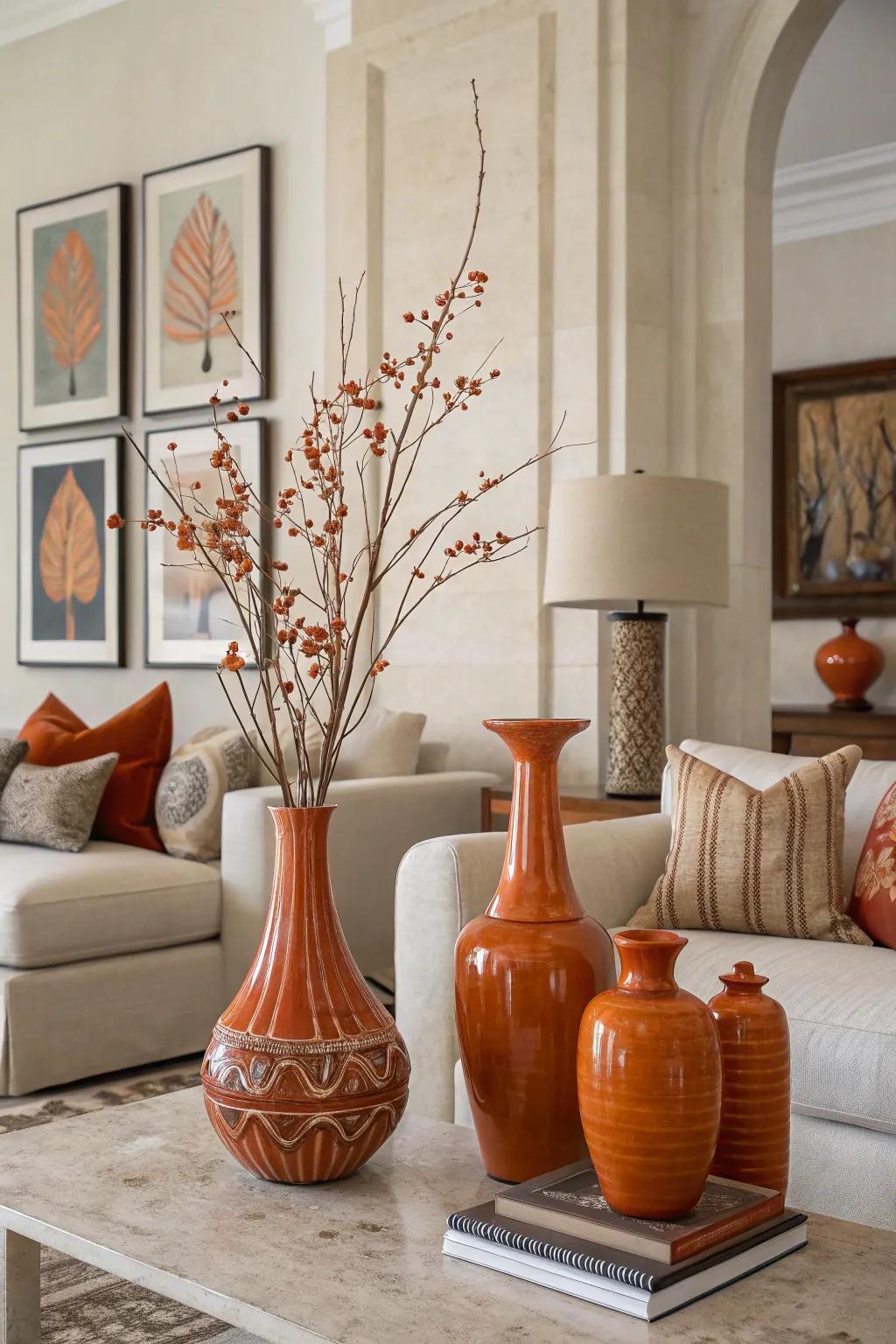 A contemporary living room featuring understated orange accents such as vases and art.