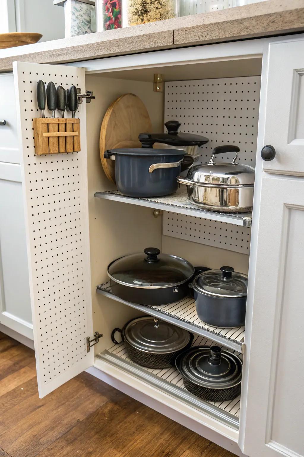Pegboard inside a cupboard organizing cookware efficiently.