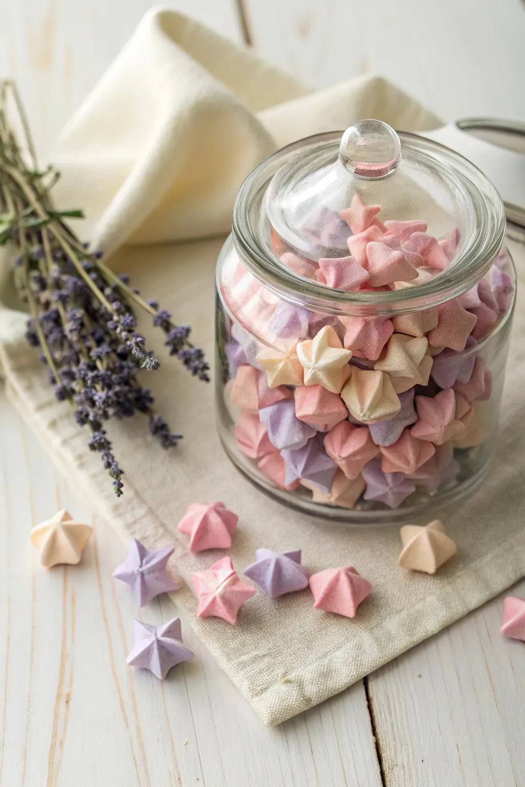 Present a jar of handmade origami stars - wishes of fortune enfolded in minimalist refinement.