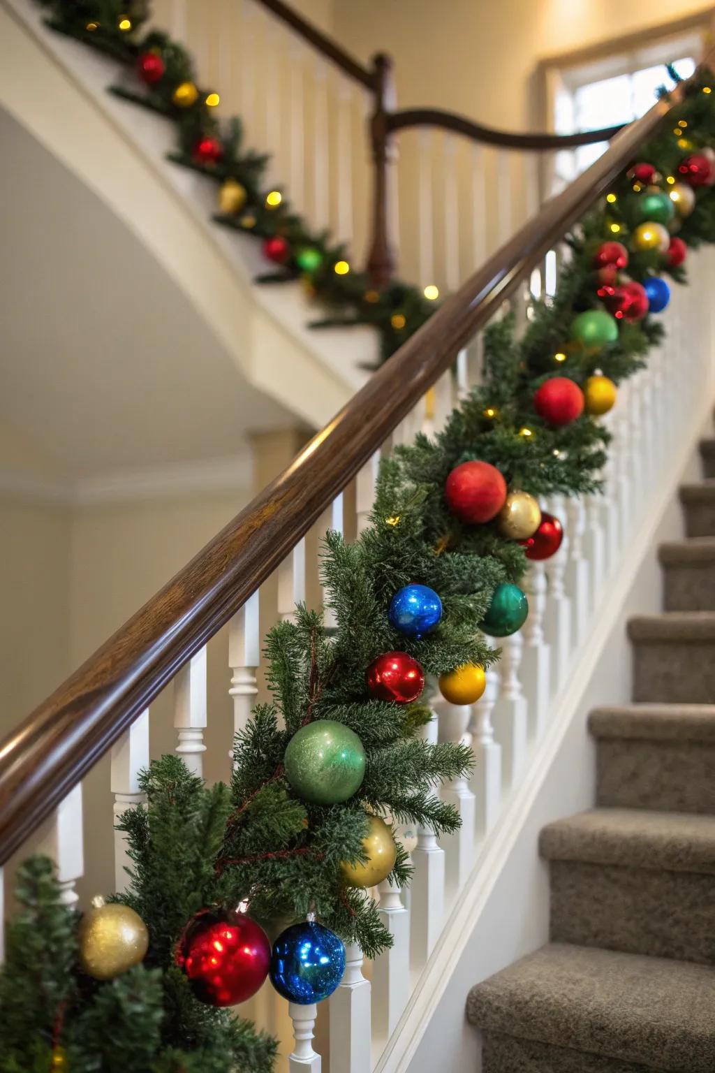 An attention-grabbing trinket garland wrapped around a stair railing.
