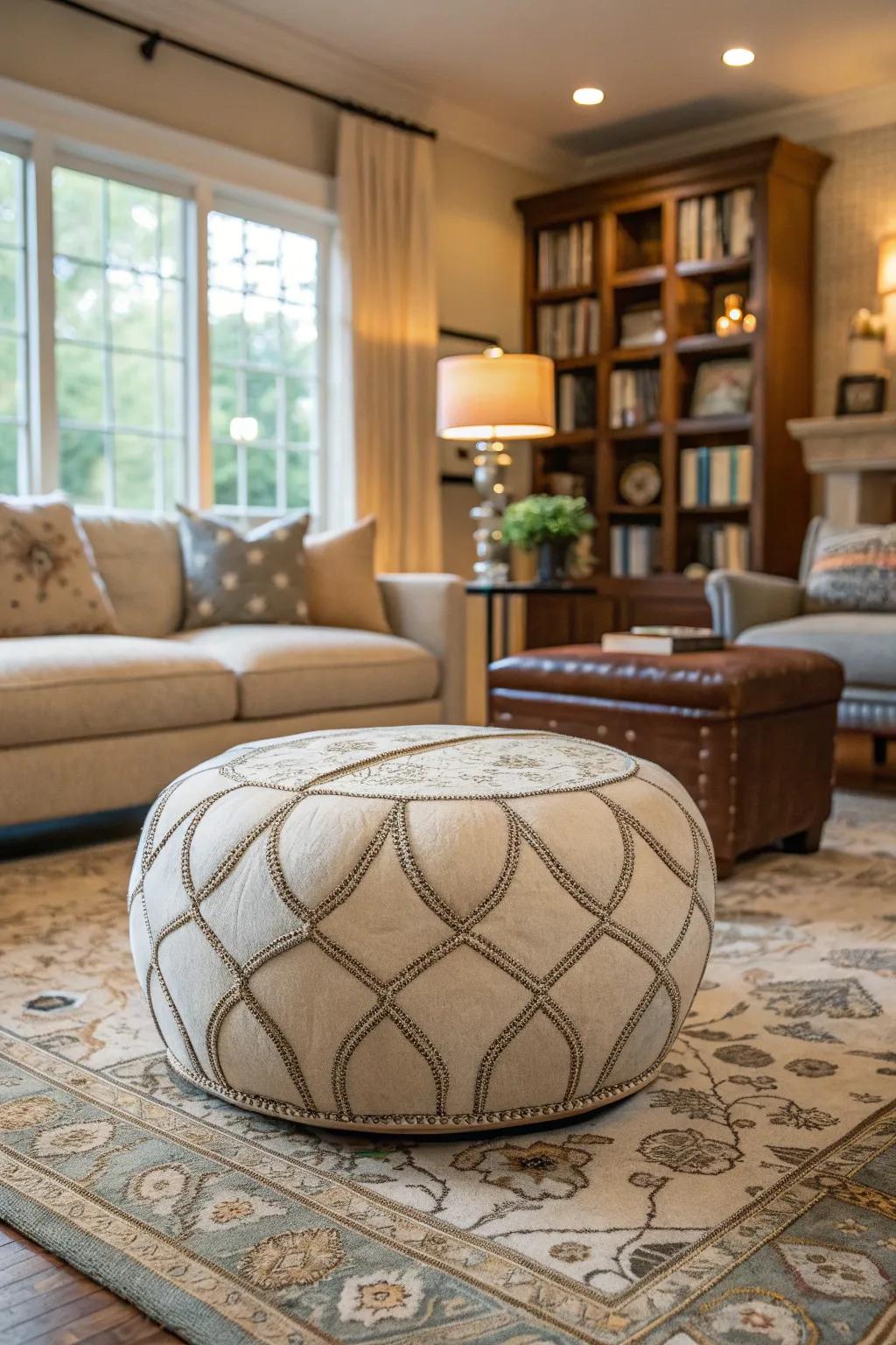 An unusually shaped footrest gives the space an unexpected element.