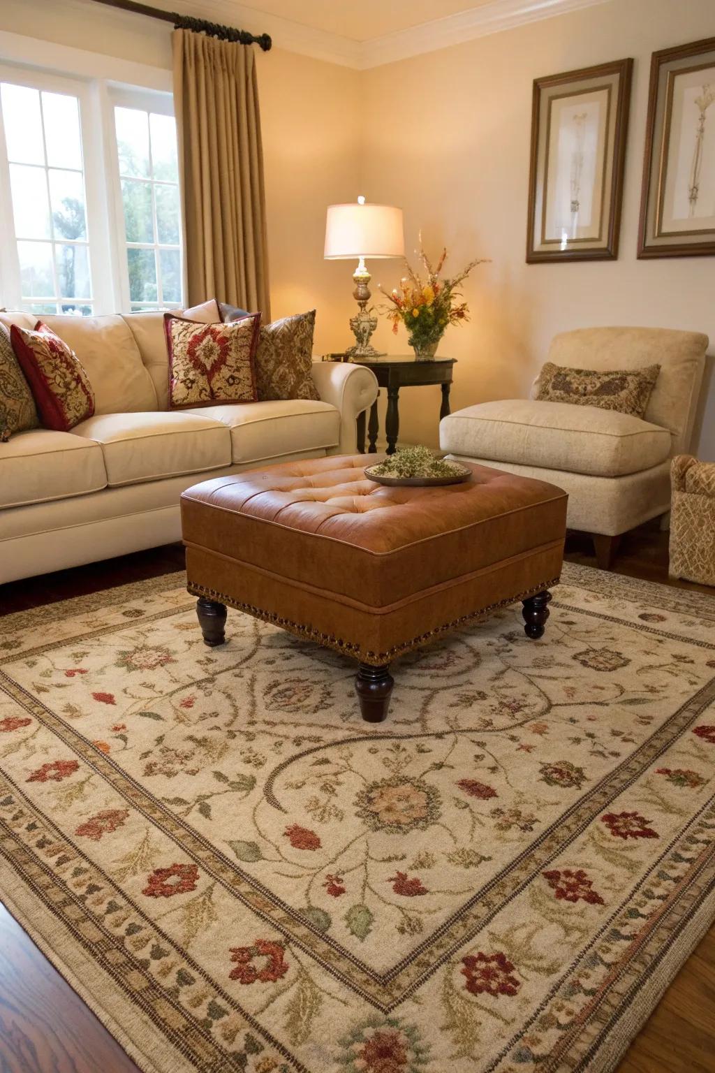 Cohesive layout through coordinated ottoman and rug