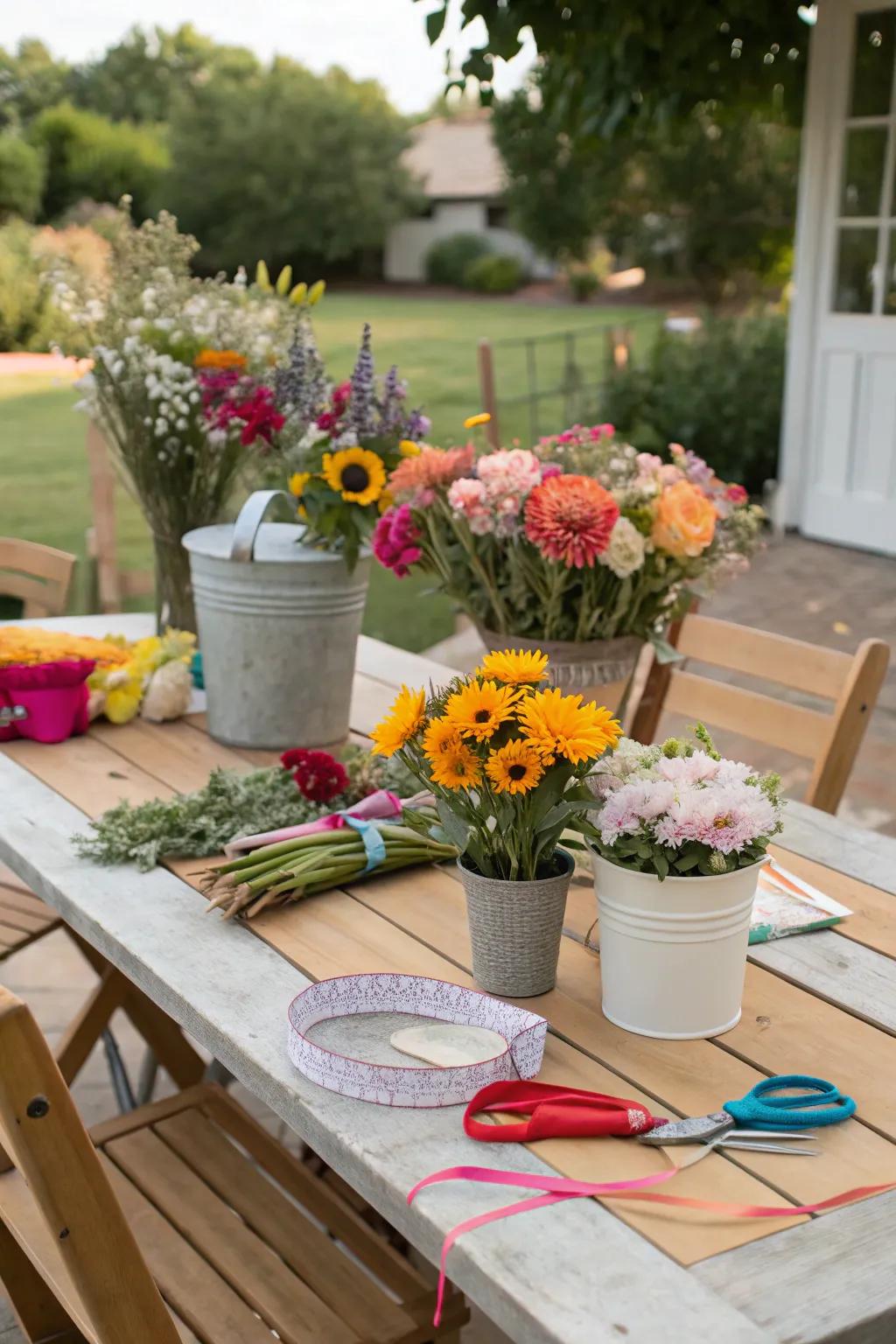 A do-it-yourself bloom station where guests can design their own bouquets.