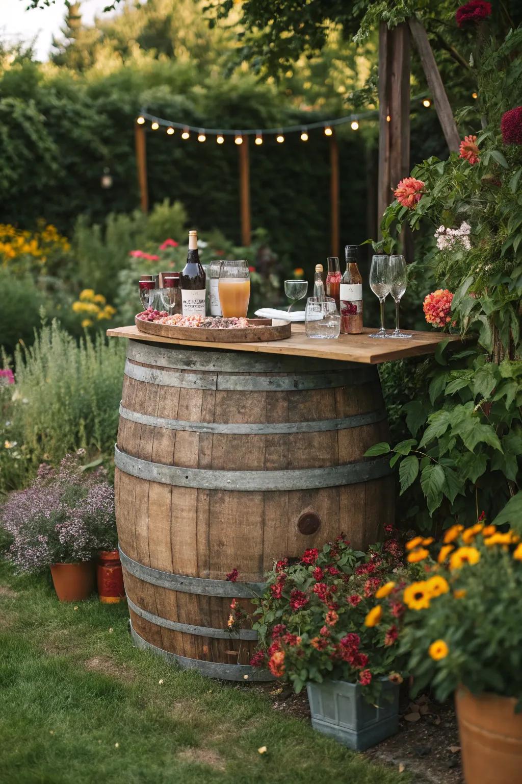 A vino cask bar acts as a rustic centerpiece.