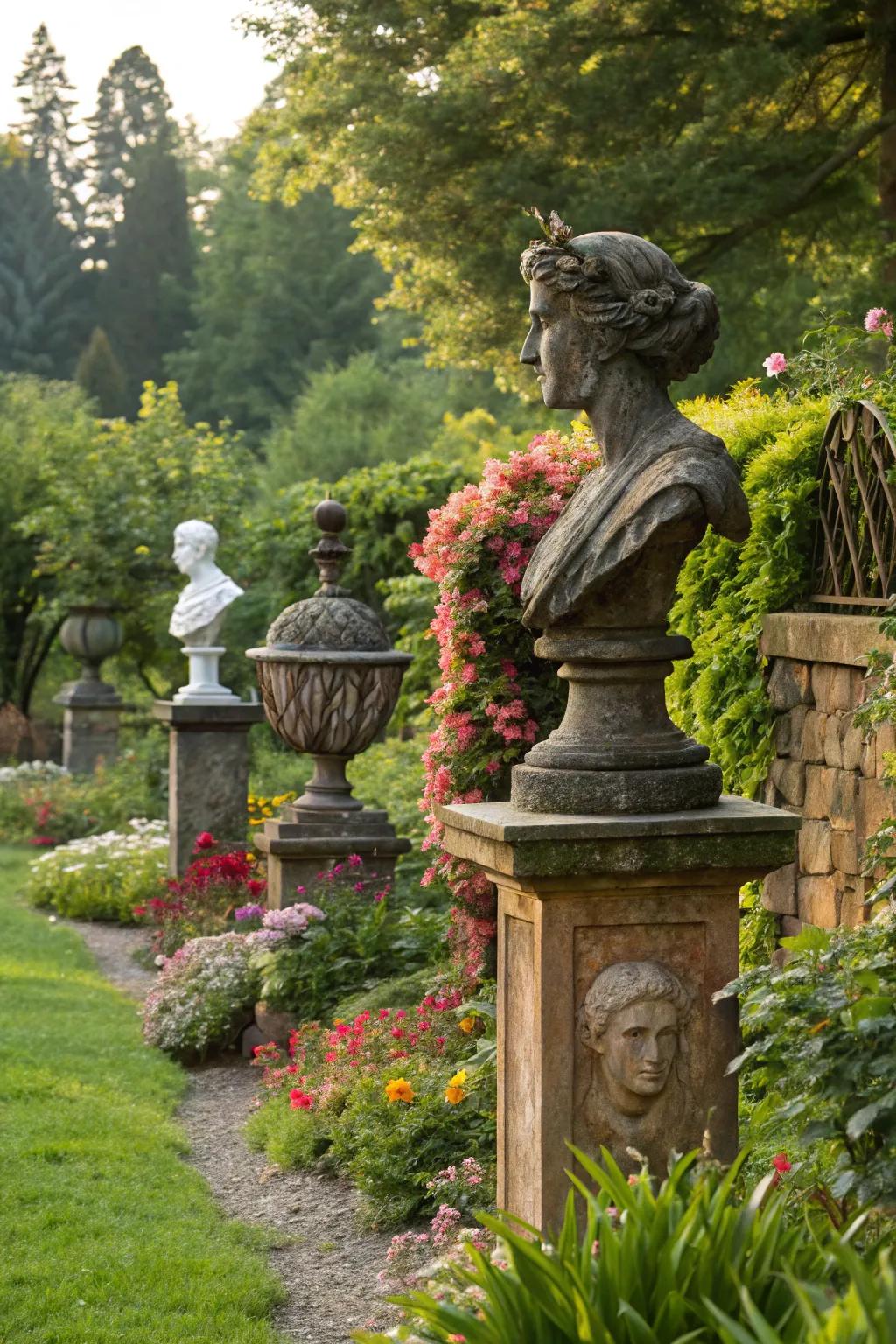 Artistic sculptures adding individuality to the garden.