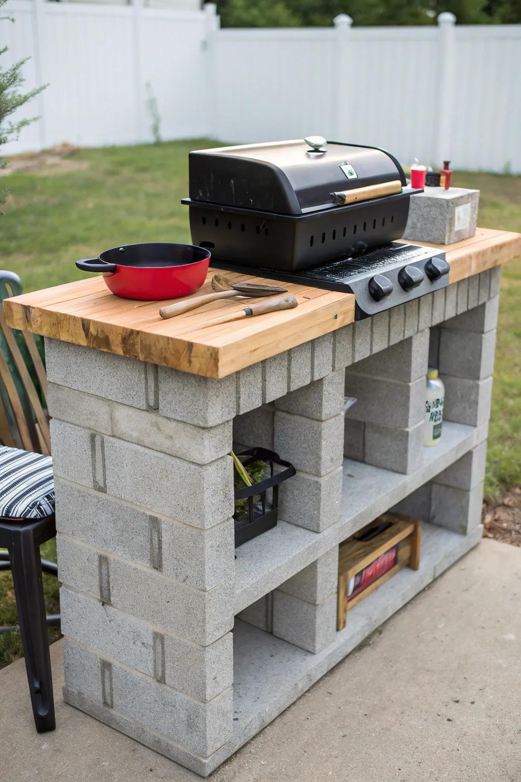 A DIY cinder block grill station constructed with creativity and dedication.