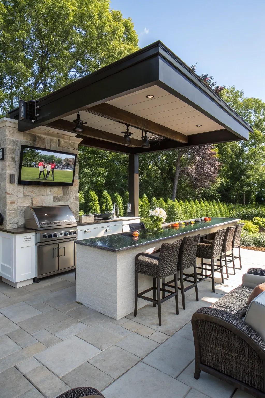 A TV and sound apparatus transform your outdoor bar into an entertainment hub.