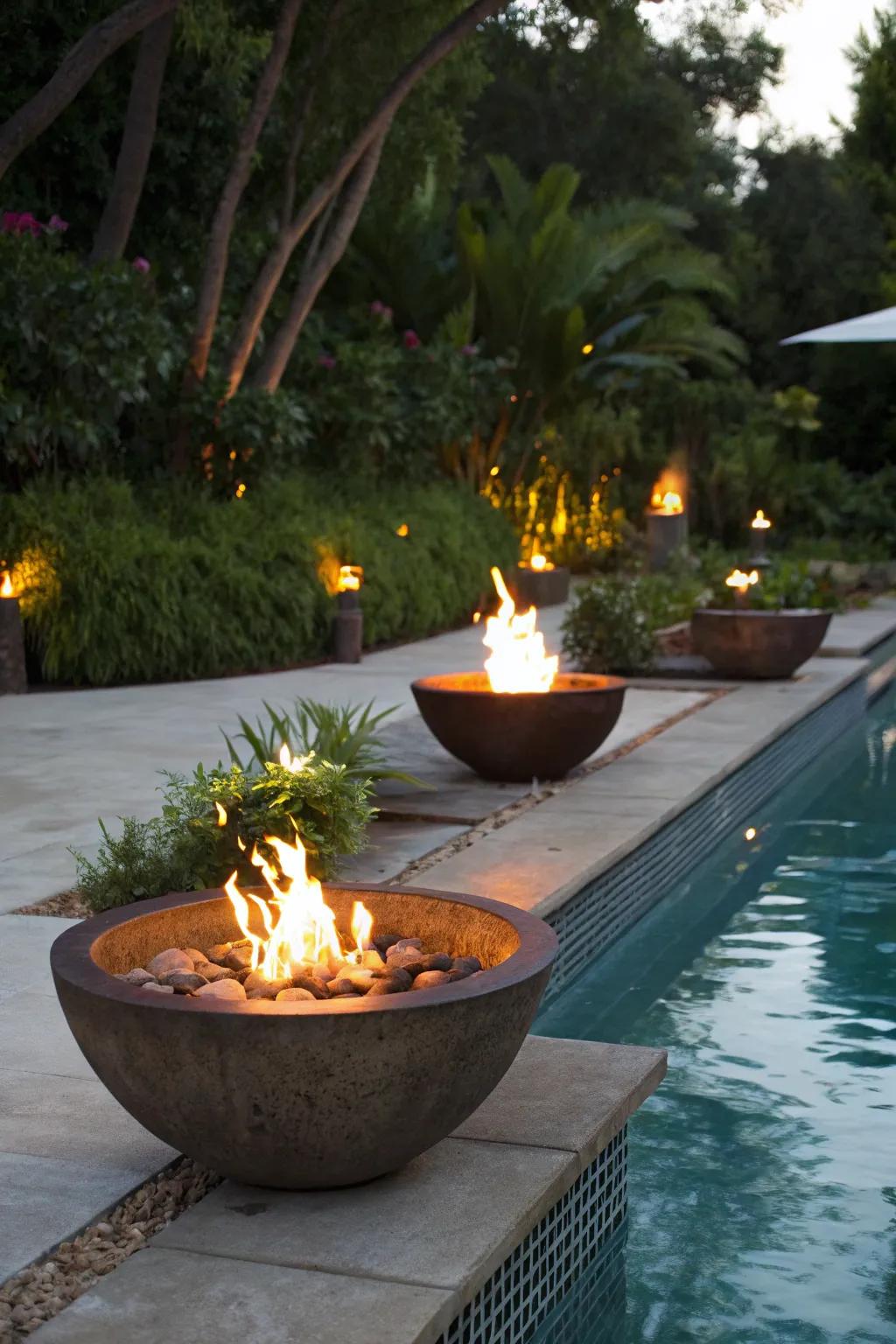 Fire basins provide heat and a striking visual around the pool.