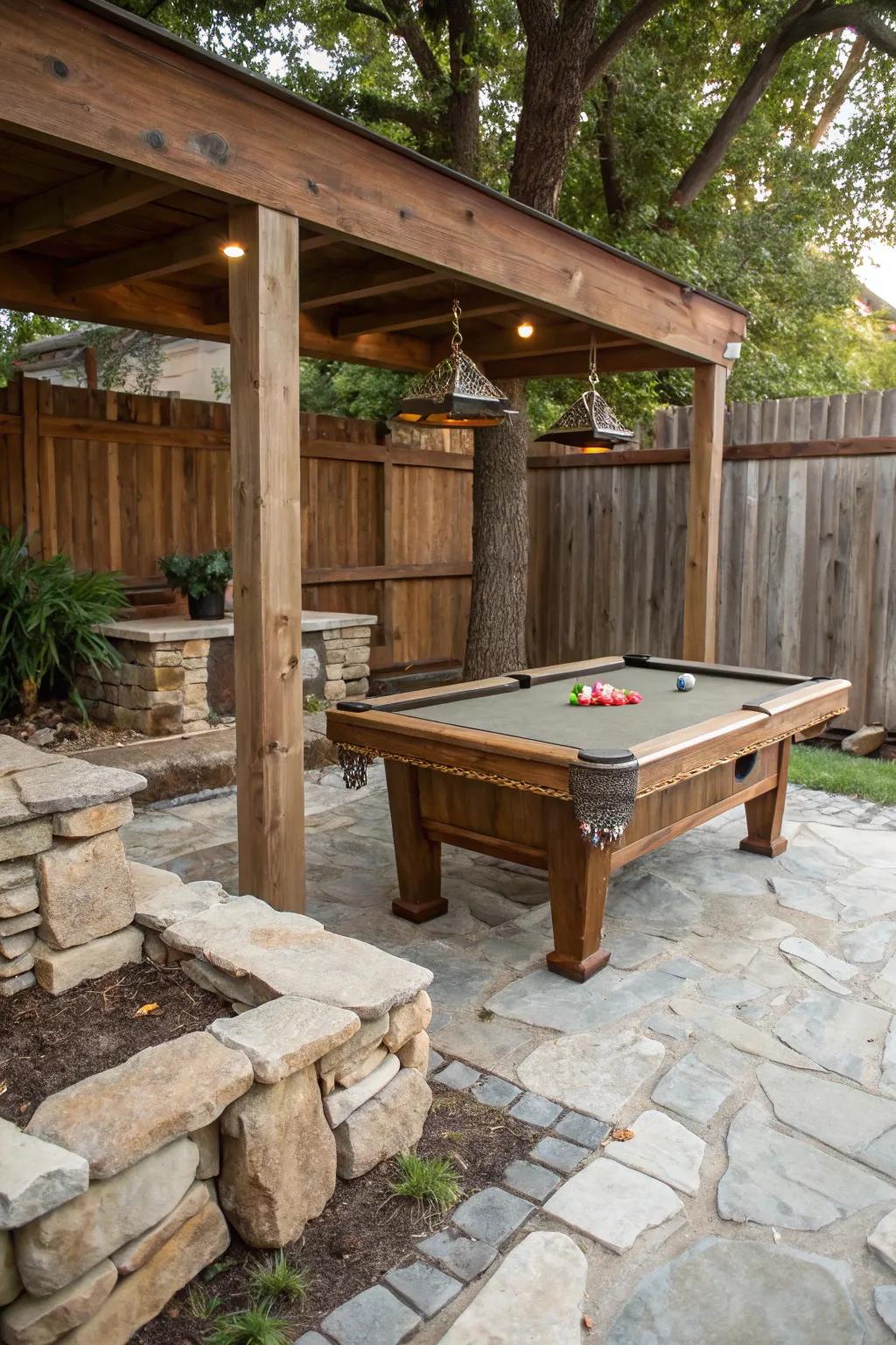 A rustic outdoor game table arrangement featuring timber and stone.