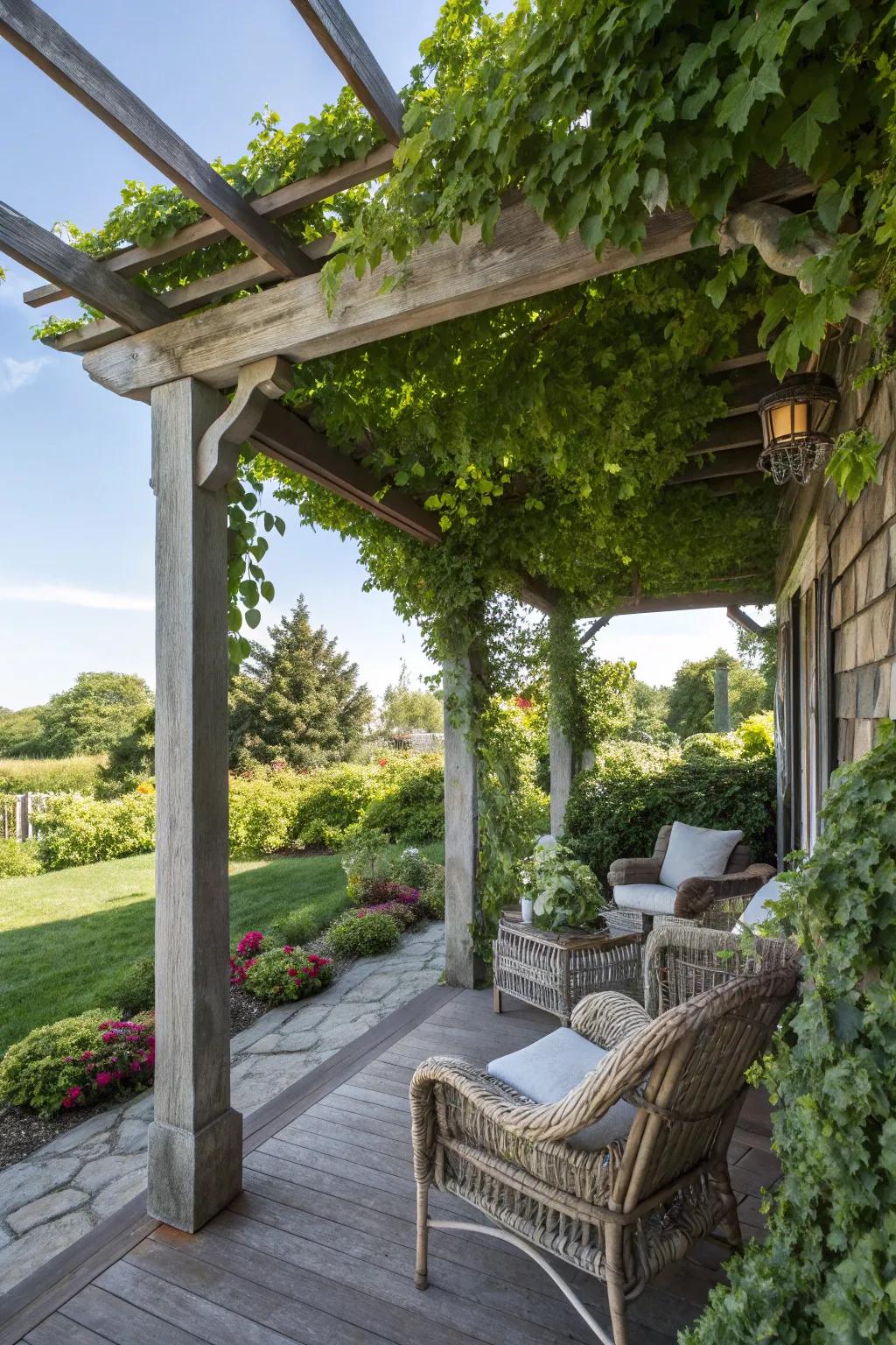 A timber gazebo furnishes shade and design to this outdoor porch.